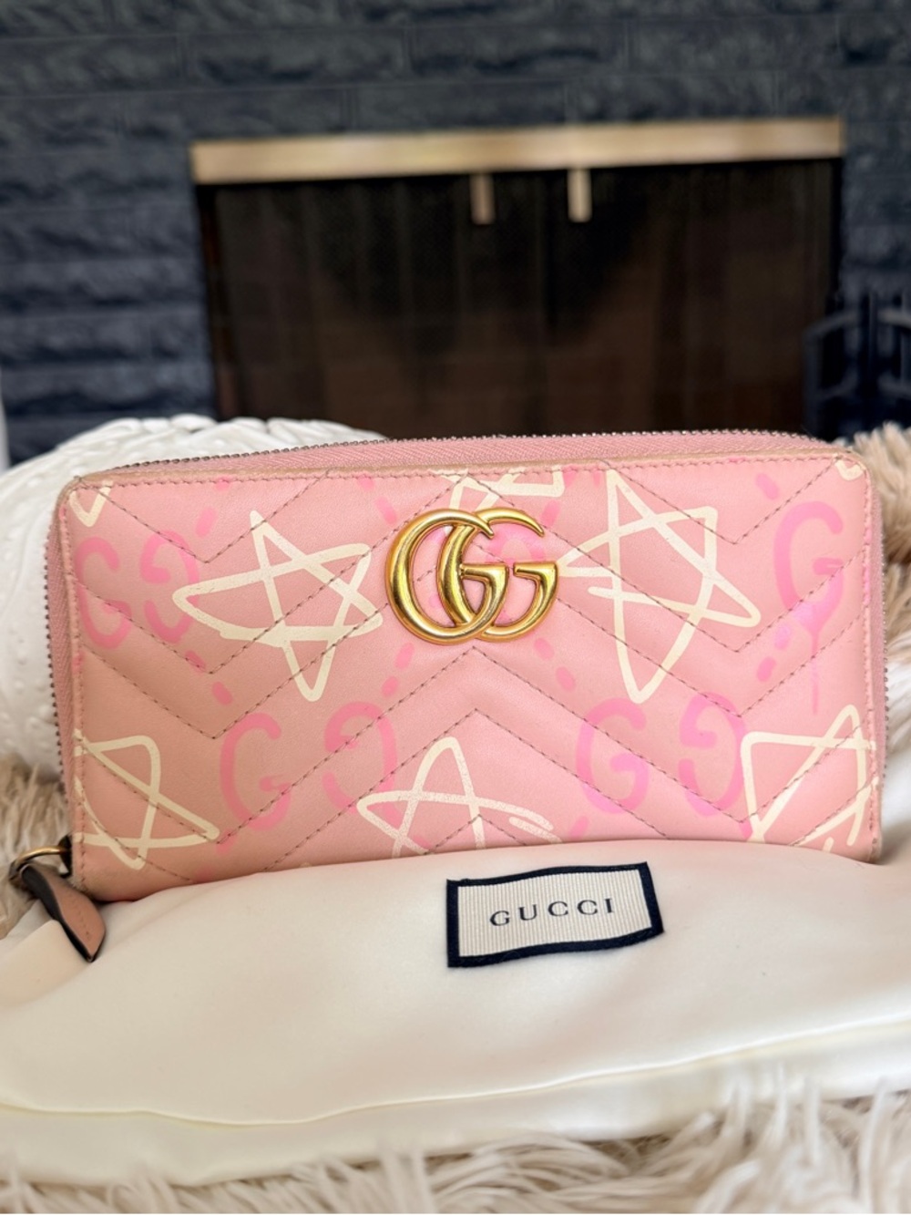 Gucci Pink Star & GG Quilted Zip Wallet with Gold Hardware